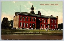 Clarion Iowa~Public School Building~Children Play Outside @ Recess~1910 Postcard picture