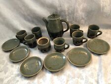 Soma Ware Teapot 6 Mugs, 6 Plates, Creamer Green Crackle Double Wall Gold Horse picture