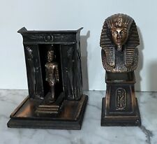 TWO VINTAGE SOLID METAL EGYPTIAN STATUES OF A PHARAOH AND KING TUT'S GOLDEN MASK picture