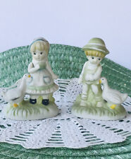 Vintage Little Boy & Girl Porcelain Figurines With Geese Light Green Outfits 4”  picture