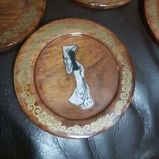 Vintage Wooden Vietnamese Coasters w/ Mother of Pearl Inlay, Holder, 6 Count picture