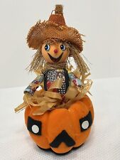 Vintage 1980s Halloween Scarecrow and Felted Pumpkin Made in Taiwan ROC 9 1/4