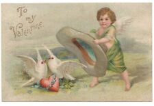 1909 Valentine Embossed Postcard Angel, Large Hat, Heart, Doves Antique Vintage picture