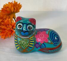 Vintage Mexican Talavera Folk Art Colorful Pottery Painted Cat Figurine picture