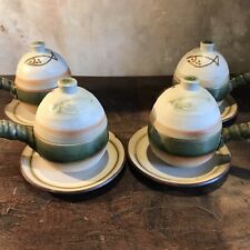 Teacup And Saucer Set Of 4 Japanese Pottery With Lids And Handles Glazed Fish picture
