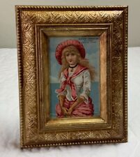 Vintage Antique Framed Victorian Trade Card, Girl By The Sea, Pink, Blue picture