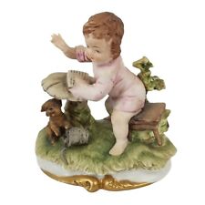 Vintage Candrea Porcelain Figurine Girl w/ Dog & Book On Toad Stool #7195 Japan picture