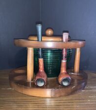 Vintage Fairfax Walnut Nine Pipe Holder Green Glass Tobacco Jar Humidor 2 Pipes picture