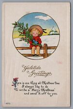 1916 Antique Christmas Card Postcard Yuletide Greetings Dutch Boy Providence RI picture