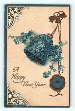 A Happy New Year Flowers in the Shape of Bell Blue & Tan Embossed Postcard E4 picture