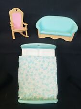 3 Fisher Price Loving Family Dollhouse Blue Couch, Double Bed,Rocking Chair,1993 picture