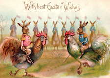 Anthropomorphic Bunnies Riding Roosters Cock Fight Swords Rabbit Army Postcard picture