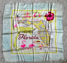 Vintage 1950s FLORIDA Souvenir State Yellow & Turquoise  Rayon Square Scarf picture