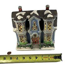 Vintage Christmas Village Blue City Home with Wreath on Front Door picture