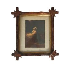 Antique Adirondack Tramp Art Wood Picture Frame With Glass Leaf Corners Folk Art picture