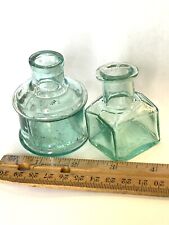 2 Green Square FACETTED SHOULDERS Old Antique Glass Bottles Bubbles picture