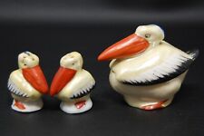 Vintage German Lusterware Salt Pepper Condiment Mustard Bowl Bird Stork Pelican picture