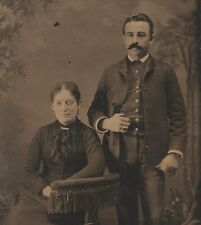 Vintage Antique Tintype Photo Handsome Young Dapper Couple Man Husband Lady Wife picture