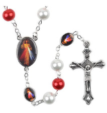 Divine Mercy Jesus & St Faustina Center Rosary Red White 8mm Glass Bead Catholic picture
