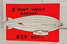 Vintage Valentine's Day Card 1920s Zeppelin Air Ship Cupid Limited picture