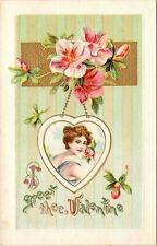 C1910s Valentines Day I GREET THEE Glamour Woman Heart Inset Flowers Postcard 99 picture