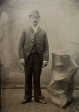 Victorian1880s/90s Man in Bowler Hat 1/6 Plate Tintype Posing Stand Base Visible picture
