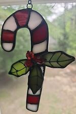 Vintage Handmade Stained Glass Christmas Candy Cane Sun Catcher Ornament picture