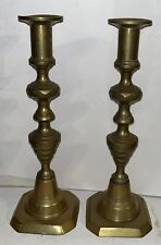 Pair of Antique Spun Brass Queen Anne Push-up Candle Sticks picture