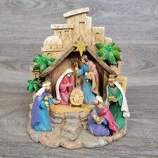 Vintage Roman Nativity Scene Carved Wood Lighted Christmas Decor Set Battery picture