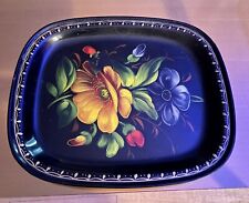 Vtg Traditional Russian Crafts Zhostovo Metal Tray Soviet Toleware Black Floral picture