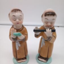2 VINTAGE MONK PORCELAIN FIGURINES ONE PLAYING FLUTE ONE MUSIC CONDUCTOR picture