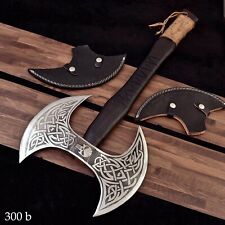Double Headed Viking Axe, Hand Forged Steel Battle Axe, Double Blade Engraved Ax picture