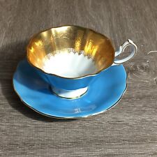 Unique Queen Anne bone china coffee tea cup and saucer blue/gold scalloped 6409 picture