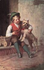Artist Card  Young Boy in Green Hat & Knickers with Terrier Dog Vintage Postcard picture