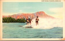 Linen Postcard Surf Riding at Waikiki, Honolulu, Hawaii picture