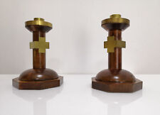 Pair of Art Deco Altar Candlesticks in Wood and Brass, 1920s picture