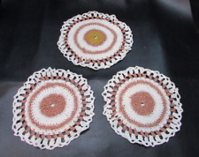 3 Vintage 1970's Handcrafted Hand Crocheted White Brown 6-1/2