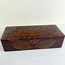 Antique Pyrography Wood Hinged Glove Box Burnt Wood Work Outside and Inside picture