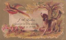 J A Leckie Dry Goods Pheasant Hunting Dog Tree Gold Vict Card c1880s picture