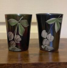 Antique Fenton Enameled Cherries Blue Carnival Glass Tumblers Lot of 2 picture