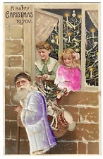 Purple Felt Santa Claus w. Children~Tree~Antique Novelty Christmas Postcard-h594 picture