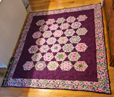 VTG Handcrafted Hexagon Star Quilt Reversible Multi Color Flowers Double 80x67 picture