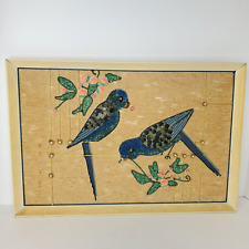 Vintage Rock Art on Burlap Blue Parrot Birds Birdy Framed 18 1/2 x 12 1/2 picture