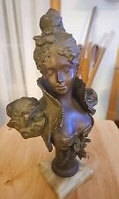 Antique French Patinated Bronze Portrait Bust Lady Of Fashion On Marble Base picture