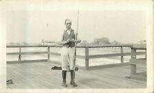 New Jersey Shore 1932 Black White Photo NJ Man in Fishing Gear Posing on Dock picture