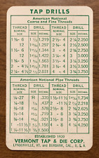 Vintage Vermont Tap & Die Corp Tap Drill Size Chart Lyndonville Vermont VT P9d picture