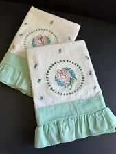 Vintage Handmade Embroidered Pillowcases Set of 2 Floral Ruffled Cottage Green picture
