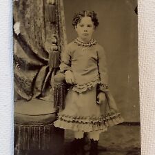 Antique Tintype Photograph Adorable Fashionable Little Girl Great Dress Boots picture