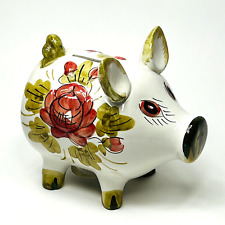 ITALIAN POTTERY PIGGY BANK with Hand Painted Face and Florals Vintage picture