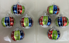 2 Boxes = 8 Merry Brite Ornaments Snowflake Stripe Blue-Green & Red 2